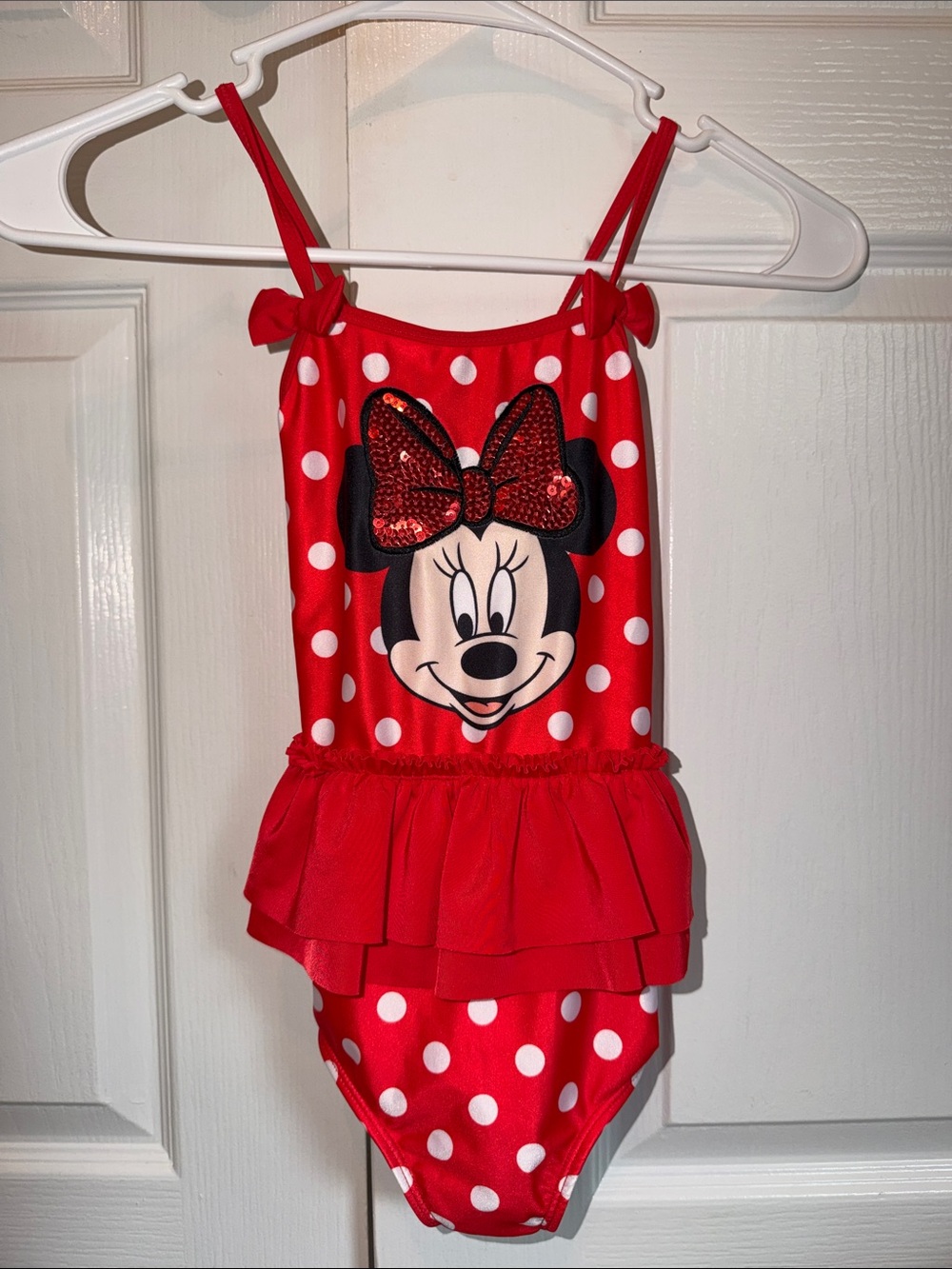 NEW Minnie Mouse Red Polka Dot Ruffle sequin bow One-Piece Swimsuit Girls 6X